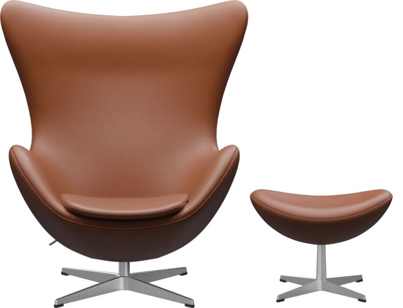 Egg Chair mit Hocker aus Leder in Walnuss, Designklassiker von Fritz Hansen.